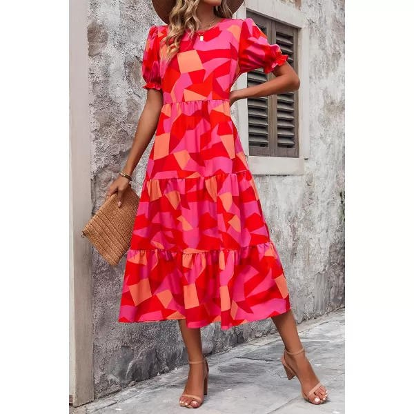 imagePRETTYGARDEN Womens Summer Casual Boho Dress Floral Print Ruffle Puff Sleeve High Waist Midi Beach DressesRed Block
