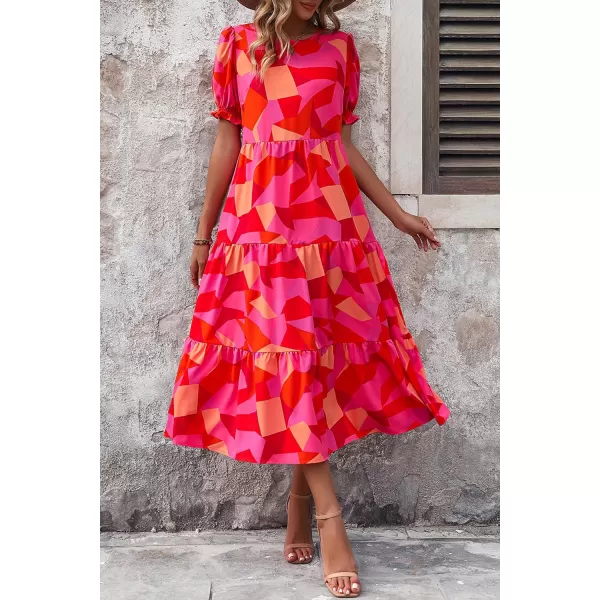 imagePRETTYGARDEN Womens Summer Casual Boho Dress Floral Print Ruffle Puff Sleeve High Waist Midi Beach DressesRed Block