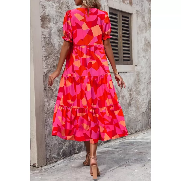 imagePRETTYGARDEN Womens Summer Casual Boho Dress Floral Print Ruffle Puff Sleeve High Waist Midi Beach DressesRed Block