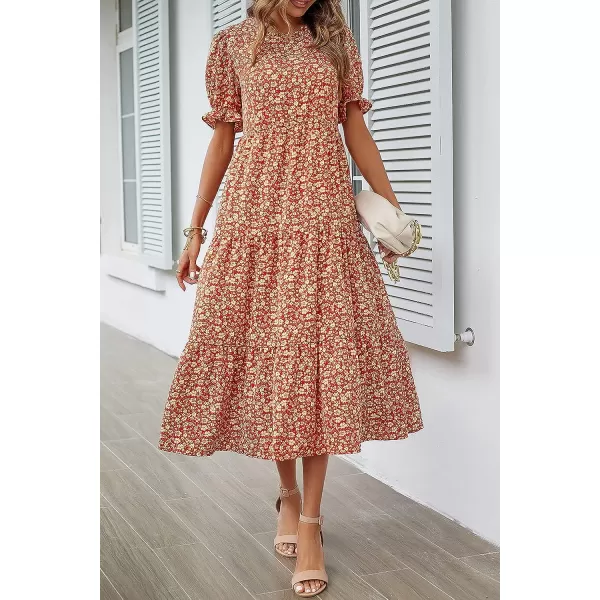 imagePRETTYGARDEN Womens Summer Casual Boho Dress Floral Print Ruffle Puff Sleeve High Waist Midi Beach DressesRed Orange Floral