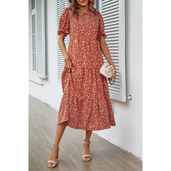 imagePRETTYGARDEN Womens Summer Casual Boho Dress Floral Print Ruffle Puff Sleeve High Waist Midi Beach DressesRed Orange Floral