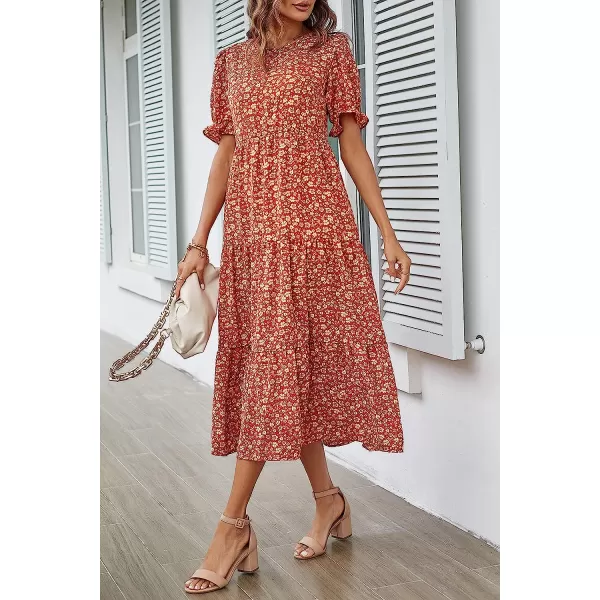 imagePRETTYGARDEN Womens Summer Casual Boho Dress Floral Print Ruffle Puff Sleeve High Waist Midi Beach DressesRed Orange Floral