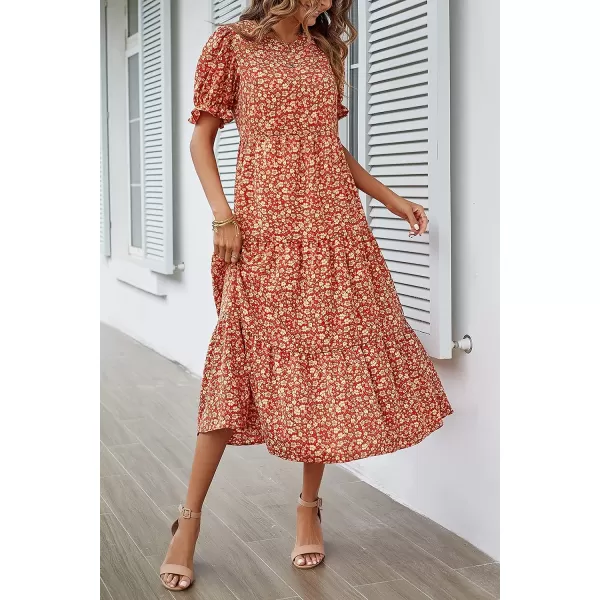 imagePRETTYGARDEN Womens Summer Casual Boho Dress Floral Print Ruffle Puff Sleeve High Waist Midi Beach DressesRed Orange Floral