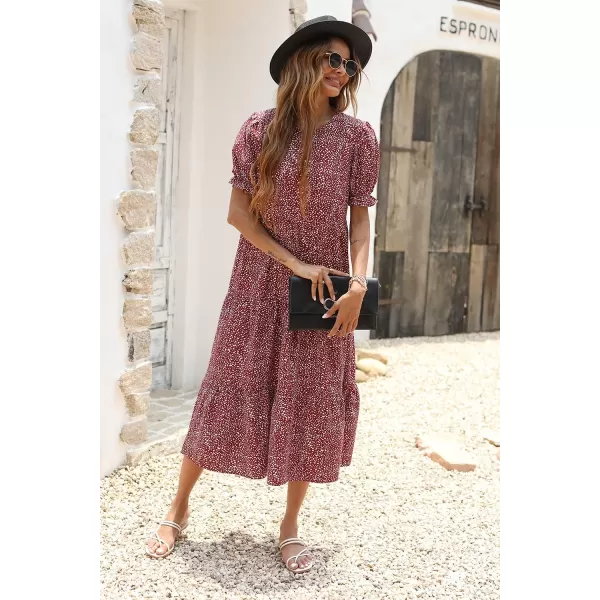 imagePRETTYGARDEN Womens Summer Casual Boho Dress Floral Print Ruffle Puff Sleeve High Waist Midi Beach DressesRed White