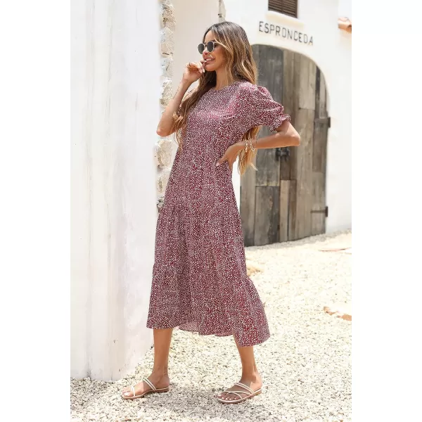 imagePRETTYGARDEN Womens Summer Casual Boho Dress Floral Print Ruffle Puff Sleeve High Waist Midi Beach DressesRed White