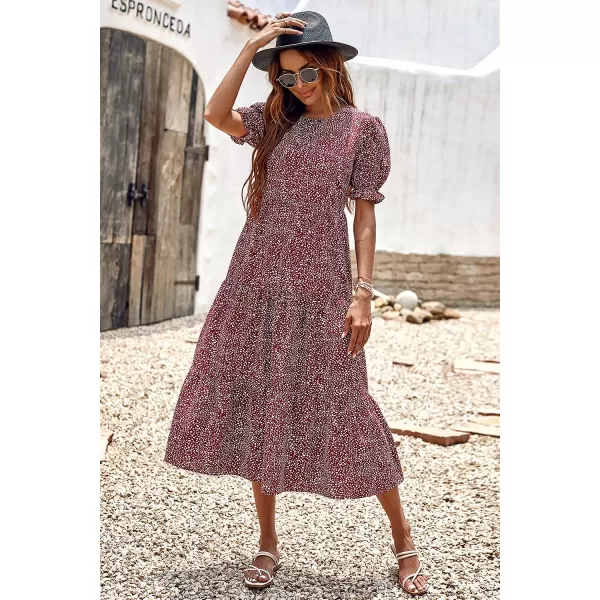 imagePRETTYGARDEN Womens Summer Casual Boho Dress Floral Print Ruffle Puff Sleeve High Waist Midi Beach DressesRed White