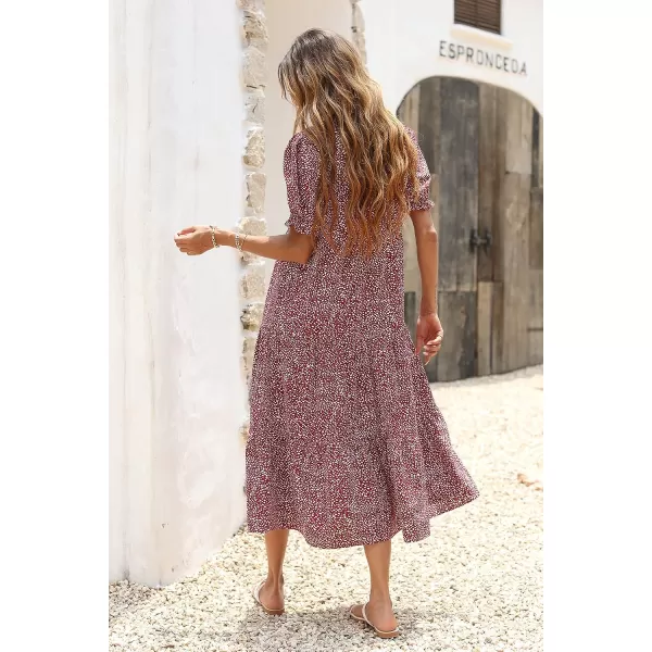 imagePRETTYGARDEN Womens Summer Casual Boho Dress Floral Print Ruffle Puff Sleeve High Waist Midi Beach DressesRed White