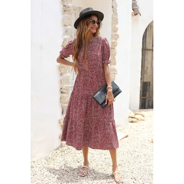 imagePRETTYGARDEN Womens Summer Casual Boho Dress Floral Print Ruffle Puff Sleeve High Waist Midi Beach DressesRed White