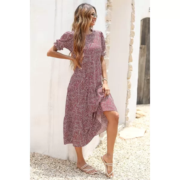 imagePRETTYGARDEN Womens Summer Casual Boho Dress Floral Print Ruffle Puff Sleeve High Waist Midi Beach DressesRed White