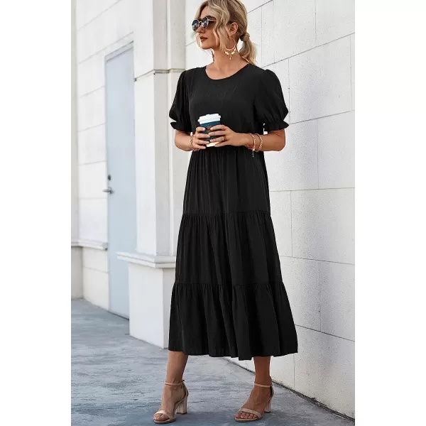 imagePRETTYGARDEN Womens Summer Casual Boho Dress Floral Print Ruffle Puff Sleeve High Waist Midi Beach DressesSolid Black