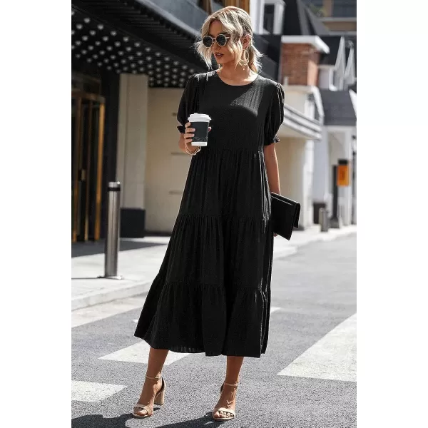 imagePRETTYGARDEN Womens Summer Casual Boho Dress Floral Print Ruffle Puff Sleeve High Waist Midi Beach DressesSolid Black