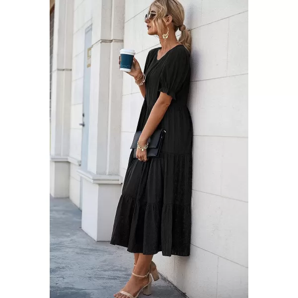 imagePRETTYGARDEN Womens Summer Casual Boho Dress Floral Print Ruffle Puff Sleeve High Waist Midi Beach DressesSolid Black