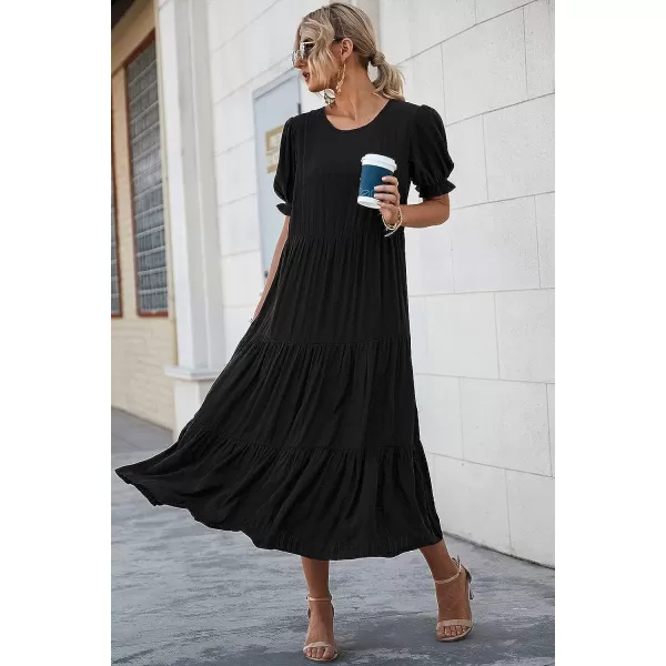 imagePRETTYGARDEN Womens Summer Casual Boho Dress Floral Print Ruffle Puff Sleeve High Waist Midi Beach DressesSolid Black