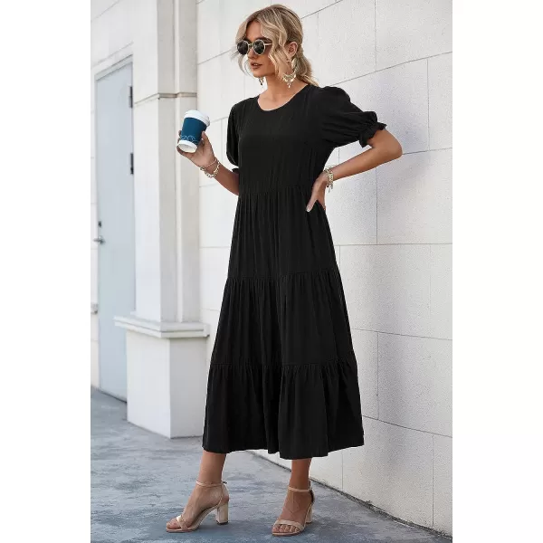 imagePRETTYGARDEN Womens Summer Casual Boho Dress Floral Print Ruffle Puff Sleeve High Waist Midi Beach DressesSolid Black