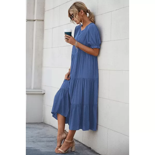 imagePRETTYGARDEN Womens Summer Casual Boho Dress Floral Print Ruffle Puff Sleeve High Waist Midi Beach DressesSolid Blue