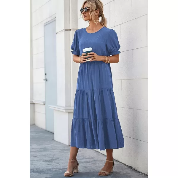 imagePRETTYGARDEN Womens Summer Casual Boho Dress Floral Print Ruffle Puff Sleeve High Waist Midi Beach DressesSolid Blue