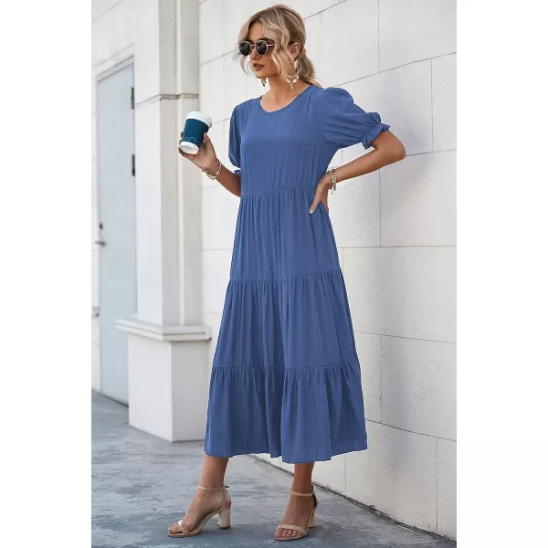 imagePRETTYGARDEN Womens Summer Casual Boho Dress Floral Print Ruffle Puff Sleeve High Waist Midi Beach DressesSolid Blue