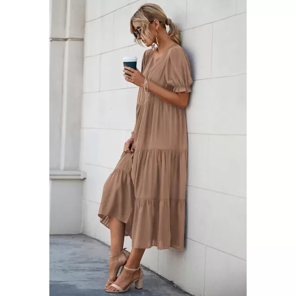 imagePRETTYGARDEN Womens Summer Casual Boho Dress Floral Print Ruffle Puff Sleeve High Waist Midi Beach DressesSolid Dark Khaki