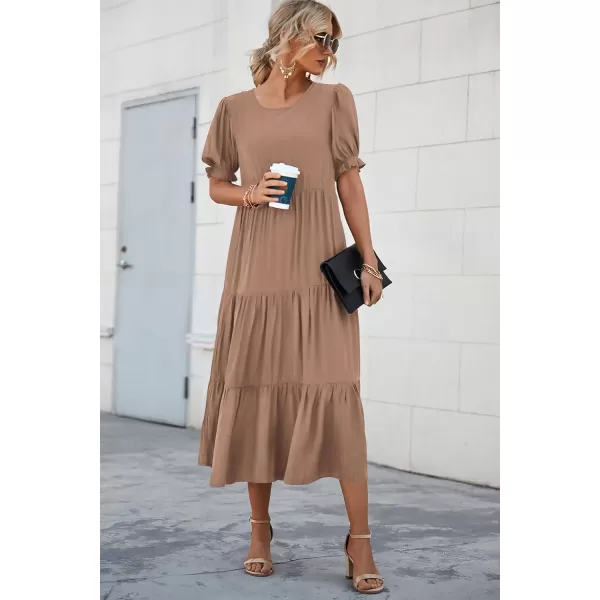 imagePRETTYGARDEN Womens Summer Casual Boho Dress Floral Print Ruffle Puff Sleeve High Waist Midi Beach DressesSolid Dark Khaki