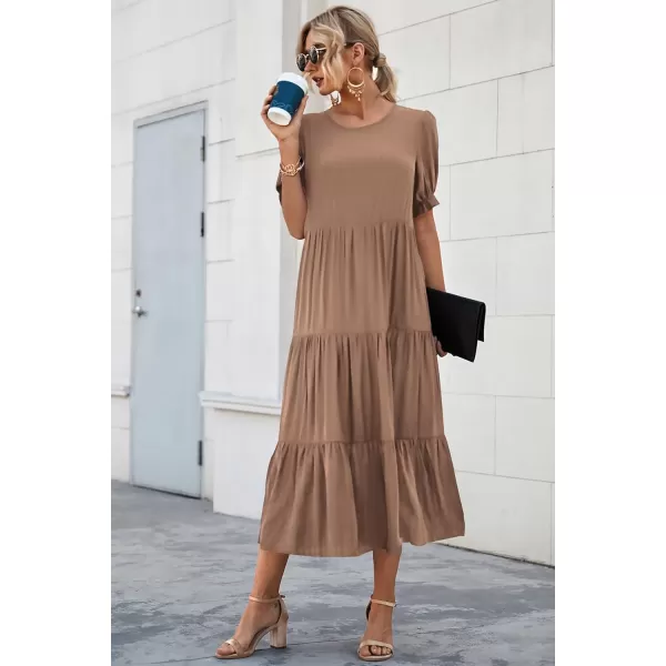 imagePRETTYGARDEN Womens Summer Casual Boho Dress Floral Print Ruffle Puff Sleeve High Waist Midi Beach DressesSolid Dark Khaki