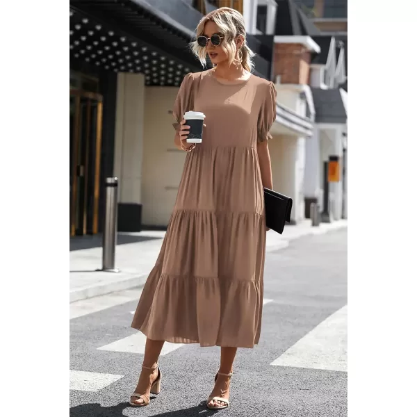 imagePRETTYGARDEN Womens Summer Casual Boho Dress Floral Print Ruffle Puff Sleeve High Waist Midi Beach DressesSolid Dark Khaki