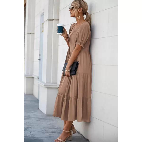 imagePRETTYGARDEN Womens Summer Casual Boho Dress Floral Print Ruffle Puff Sleeve High Waist Midi Beach DressesSolid Dark Khaki