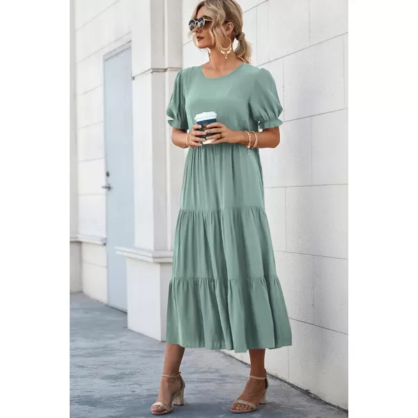 imagePRETTYGARDEN Womens Summer Casual Boho Dress Floral Print Ruffle Puff Sleeve High Waist Midi Beach DressesSolid Green