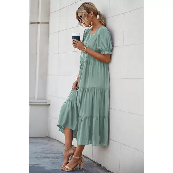 imagePRETTYGARDEN Womens Summer Casual Boho Dress Floral Print Ruffle Puff Sleeve High Waist Midi Beach DressesSolid Green