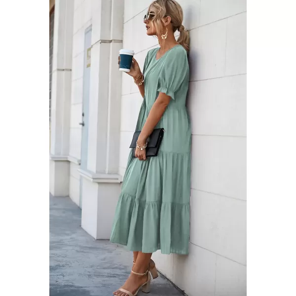 imagePRETTYGARDEN Womens Summer Casual Boho Dress Floral Print Ruffle Puff Sleeve High Waist Midi Beach DressesSolid Green