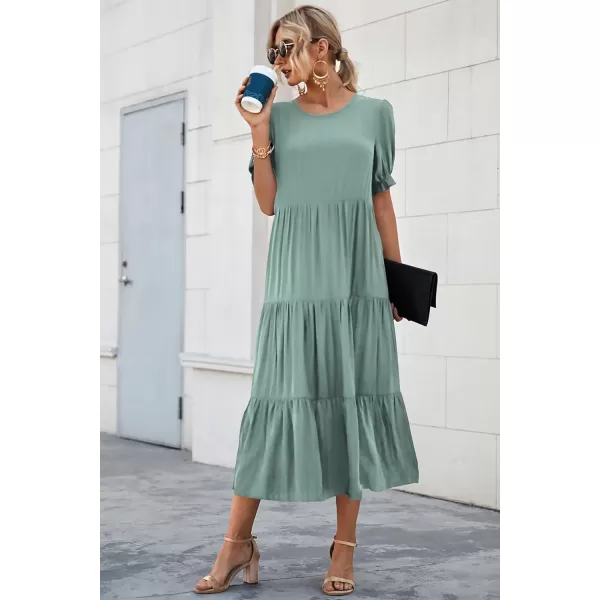 imagePRETTYGARDEN Womens Summer Casual Boho Dress Floral Print Ruffle Puff Sleeve High Waist Midi Beach DressesSolid Green