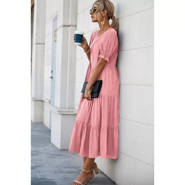 imagePRETTYGARDEN Womens Summer Casual Boho Dress Floral Print Ruffle Puff Sleeve High Waist Midi Beach DressesSolid Grey Pink
