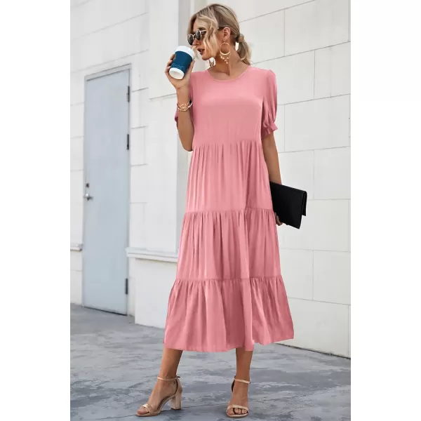 imagePRETTYGARDEN Womens Summer Casual Boho Dress Floral Print Ruffle Puff Sleeve High Waist Midi Beach DressesSolid Grey Pink