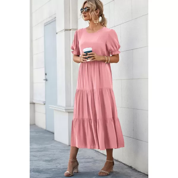 imagePRETTYGARDEN Womens Summer Casual Boho Dress Floral Print Ruffle Puff Sleeve High Waist Midi Beach DressesSolid Grey Pink