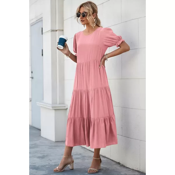 imagePRETTYGARDEN Womens Summer Casual Boho Dress Floral Print Ruffle Puff Sleeve High Waist Midi Beach DressesSolid Grey Pink