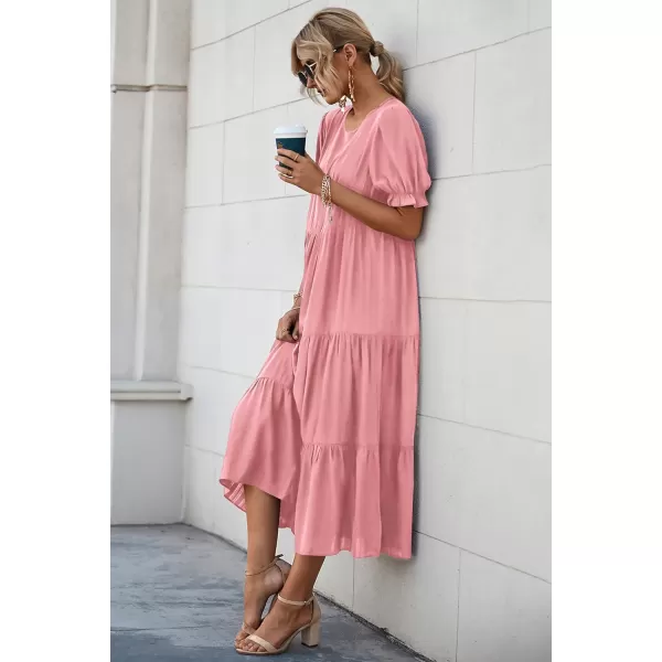 imagePRETTYGARDEN Womens Summer Casual Boho Dress Floral Print Ruffle Puff Sleeve High Waist Midi Beach DressesSolid Grey Pink