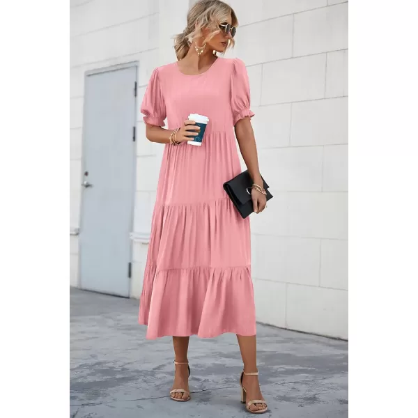 imagePRETTYGARDEN Womens Summer Casual Boho Dress Floral Print Ruffle Puff Sleeve High Waist Midi Beach DressesSolid Grey Pink
