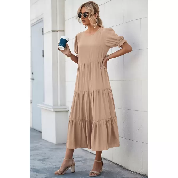 imagePRETTYGARDEN Womens Summer Casual Boho Dress Floral Print Ruffle Puff Sleeve High Waist Midi Beach DressesSolid Khaki