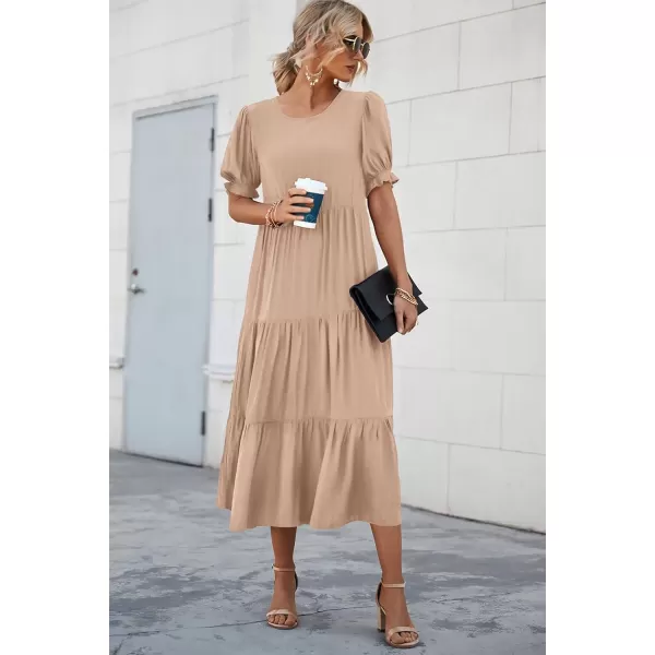 imagePRETTYGARDEN Womens Summer Casual Boho Dress Floral Print Ruffle Puff Sleeve High Waist Midi Beach DressesSolid Khaki