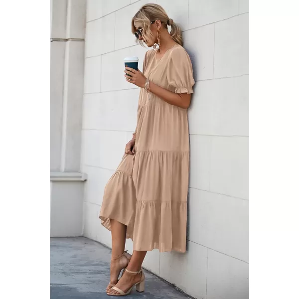 imagePRETTYGARDEN Womens Summer Casual Boho Dress Floral Print Ruffle Puff Sleeve High Waist Midi Beach DressesSolid Khaki