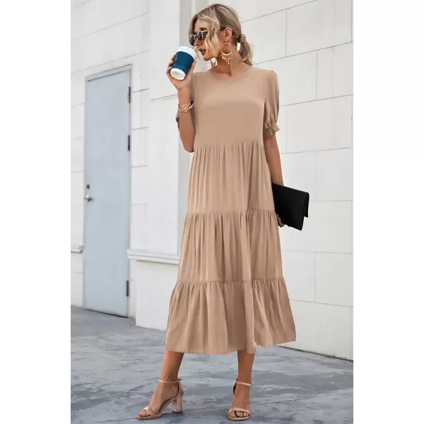 imagePRETTYGARDEN Womens Summer Casual Boho Dress Floral Print Ruffle Puff Sleeve High Waist Midi Beach DressesSolid Khaki