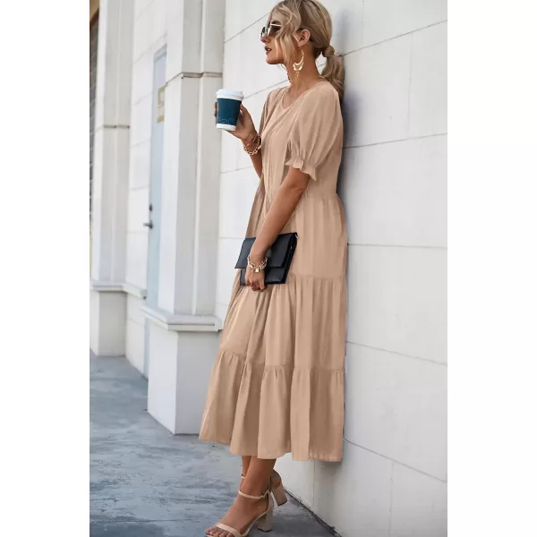 imagePRETTYGARDEN Womens Summer Casual Boho Dress Floral Print Ruffle Puff Sleeve High Waist Midi Beach DressesSolid Khaki