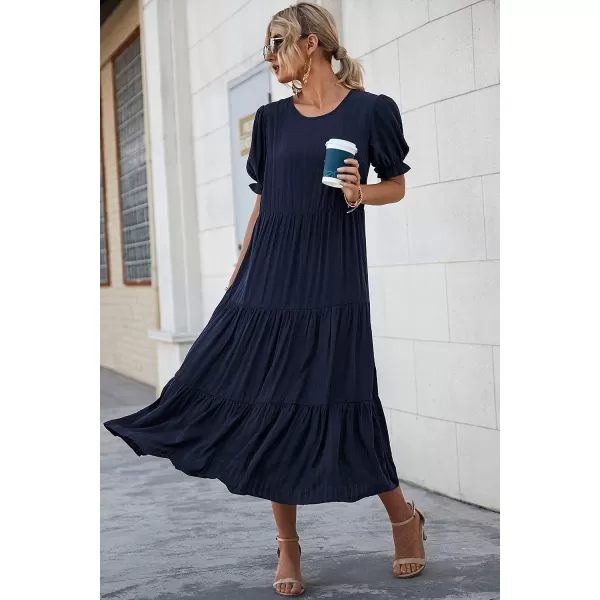 imagePRETTYGARDEN Womens Summer Casual Boho Dress Floral Print Ruffle Puff Sleeve High Waist Midi Beach DressesSolid Navy