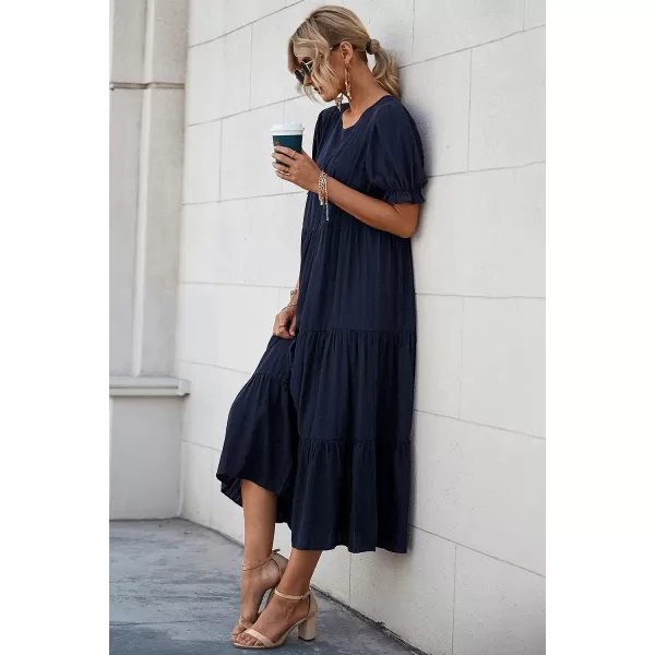 imagePRETTYGARDEN Womens Summer Casual Boho Dress Floral Print Ruffle Puff Sleeve High Waist Midi Beach DressesSolid Navy