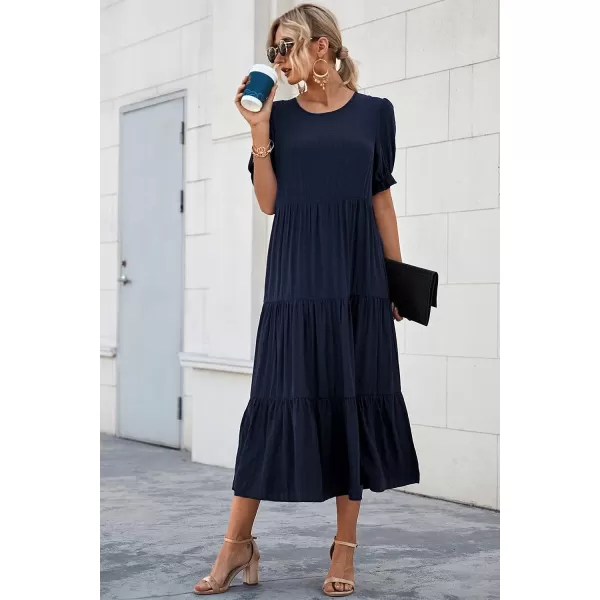 imagePRETTYGARDEN Womens Summer Casual Boho Dress Floral Print Ruffle Puff Sleeve High Waist Midi Beach DressesSolid Navy