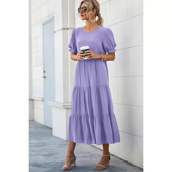 imagePRETTYGARDEN Womens Summer Casual Boho Dress Floral Print Ruffle Puff Sleeve High Waist Midi Beach DressesSolid Purple