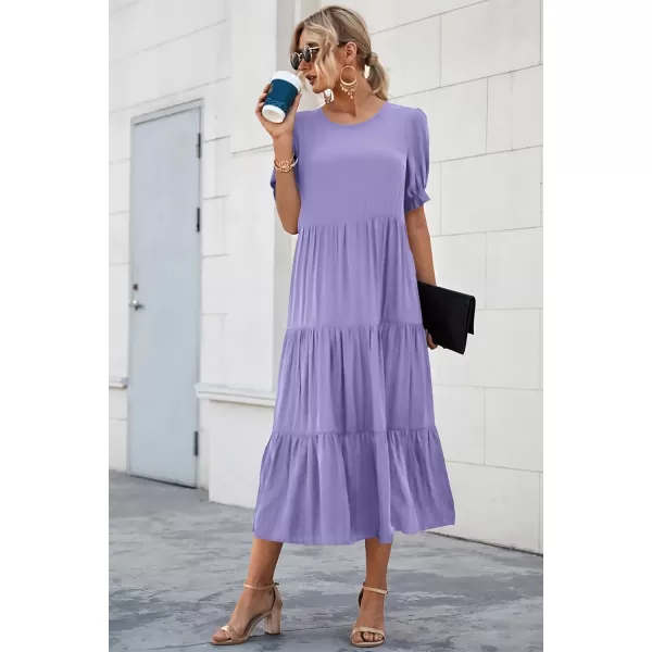 imagePRETTYGARDEN Womens Summer Casual Boho Dress Floral Print Ruffle Puff Sleeve High Waist Midi Beach DressesSolid Purple