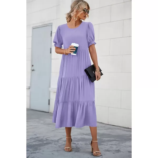 imagePRETTYGARDEN Womens Summer Casual Boho Dress Floral Print Ruffle Puff Sleeve High Waist Midi Beach DressesSolid Purple