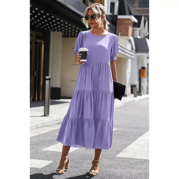 imagePRETTYGARDEN Womens Summer Casual Boho Dress Floral Print Ruffle Puff Sleeve High Waist Midi Beach DressesSolid Purple