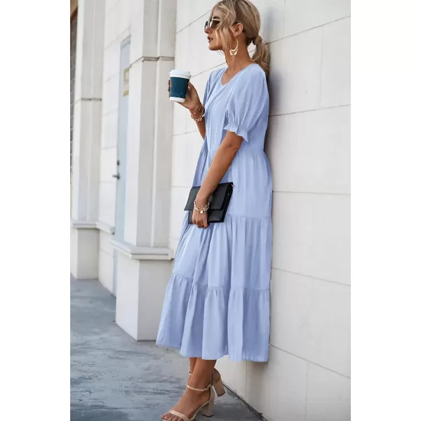 imagePRETTYGARDEN Womens Summer Casual Boho Dress Floral Print Ruffle Puff Sleeve High Waist Midi Beach DressesSolid Sky Blue