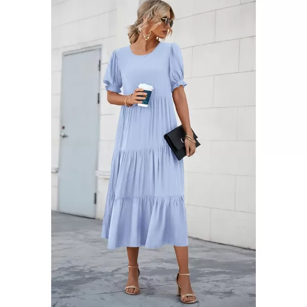 imagePRETTYGARDEN Womens Summer Casual Boho Dress Floral Print Ruffle Puff Sleeve High Waist Midi Beach DressesSolid Sky Blue